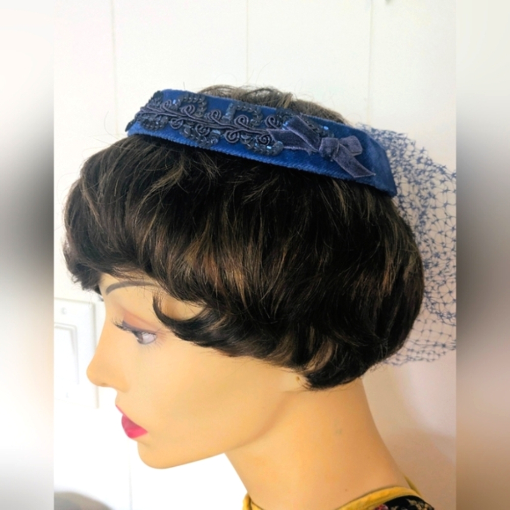 Light and bendable Blue Velvet w/ Sequins Bridal/ Engagement Crown/ Hat, Vintage